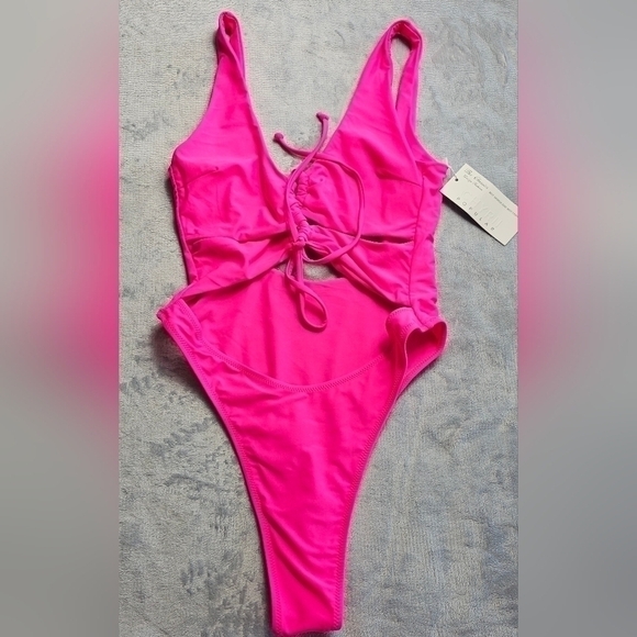 65.🆕Large New Hot Pink Sexy Cutout Lace Up Backless High Cut One Piece NWT - Picture 3 of 5